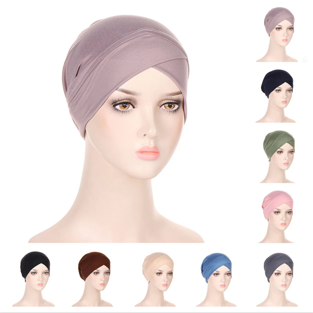 

Soft Women Muslim Hijab Inner Hat Bonnet Plain Cross Underscarf Islamic Arabic Beanies Stretchy Chemo Caps Cancer Turbante Mujer