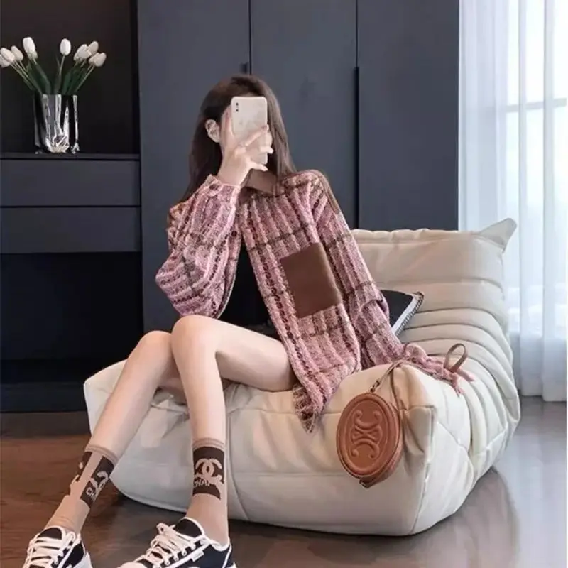 Spliced Woven Plaid Coarse Tweed Small Fragrant Style Jacket for Women's 2024 Spring and Autumn Lazy Style High-end Feeling Top