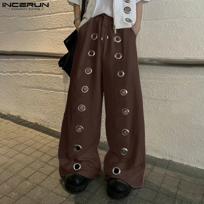 INCERUN Men Pants Solid Color Drawstring Joggers Loose Hollow Out Trousers Men Streetwear 2025 Fashion Casual Long Pants S-5XL