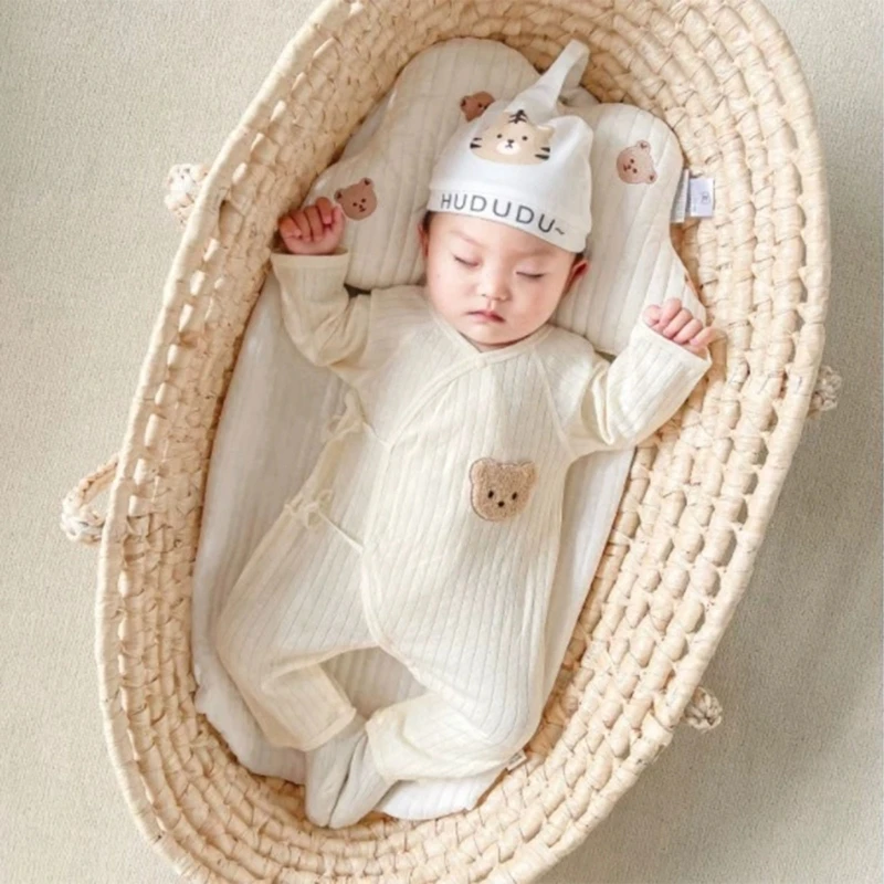 

97BE Infant Cotton Jumpsuit Hat Set Gender Neutral Baby Long Sleeve Romper Comfortable Newborn Breathable OnePieces Bodywear