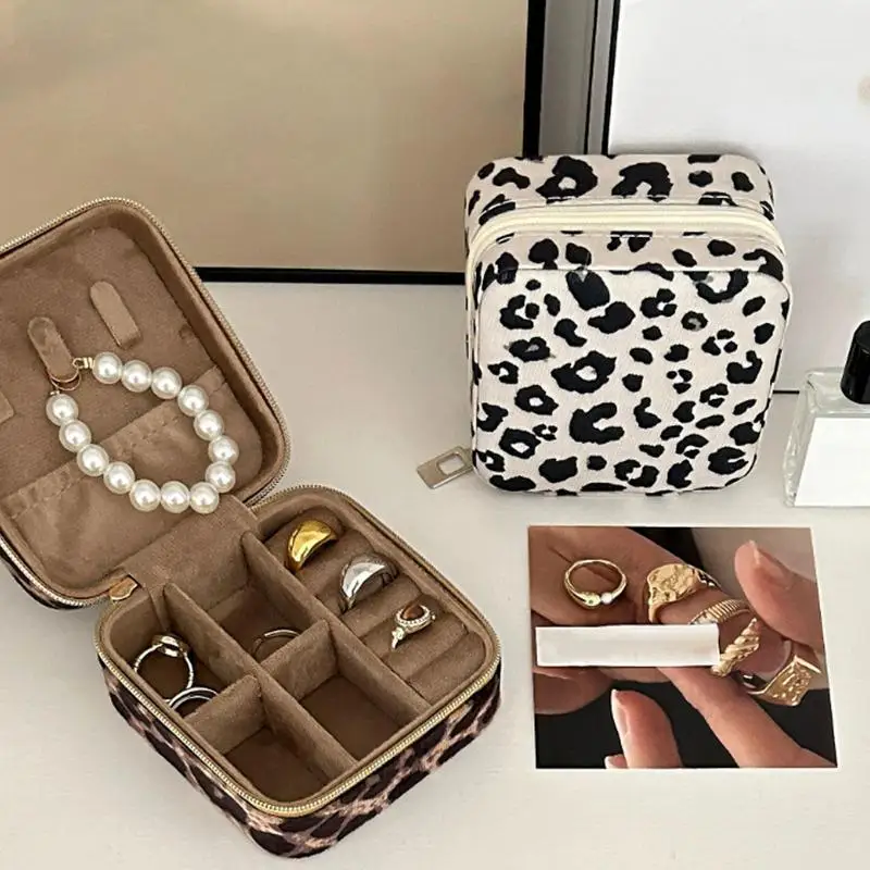 Leopard Print Jewelry Box Leather Necklace Organizer Trays Small Couple Ring Box Portable Jewelry Box Necklace Earrings Case for