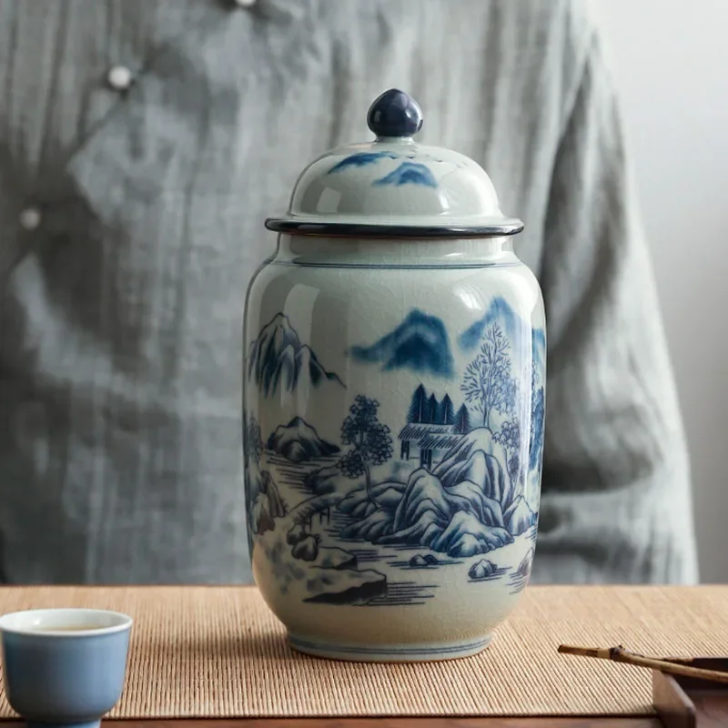 

Blue and White Porcelain Storage Jar Classical Tea Box Landscape General Jar with Lid Creative Nut Food Storage Bottle Container