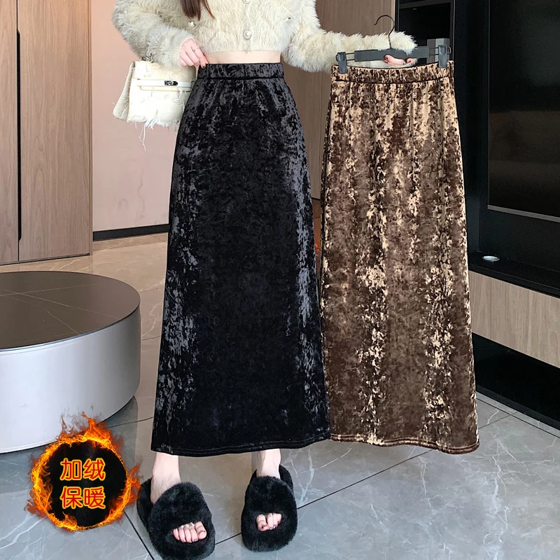 2024 New Autumn Winter Women High Waist Slim Long Skirt High Quality Elegant Floral Fleece-Lined Thicken Velvet Skirt