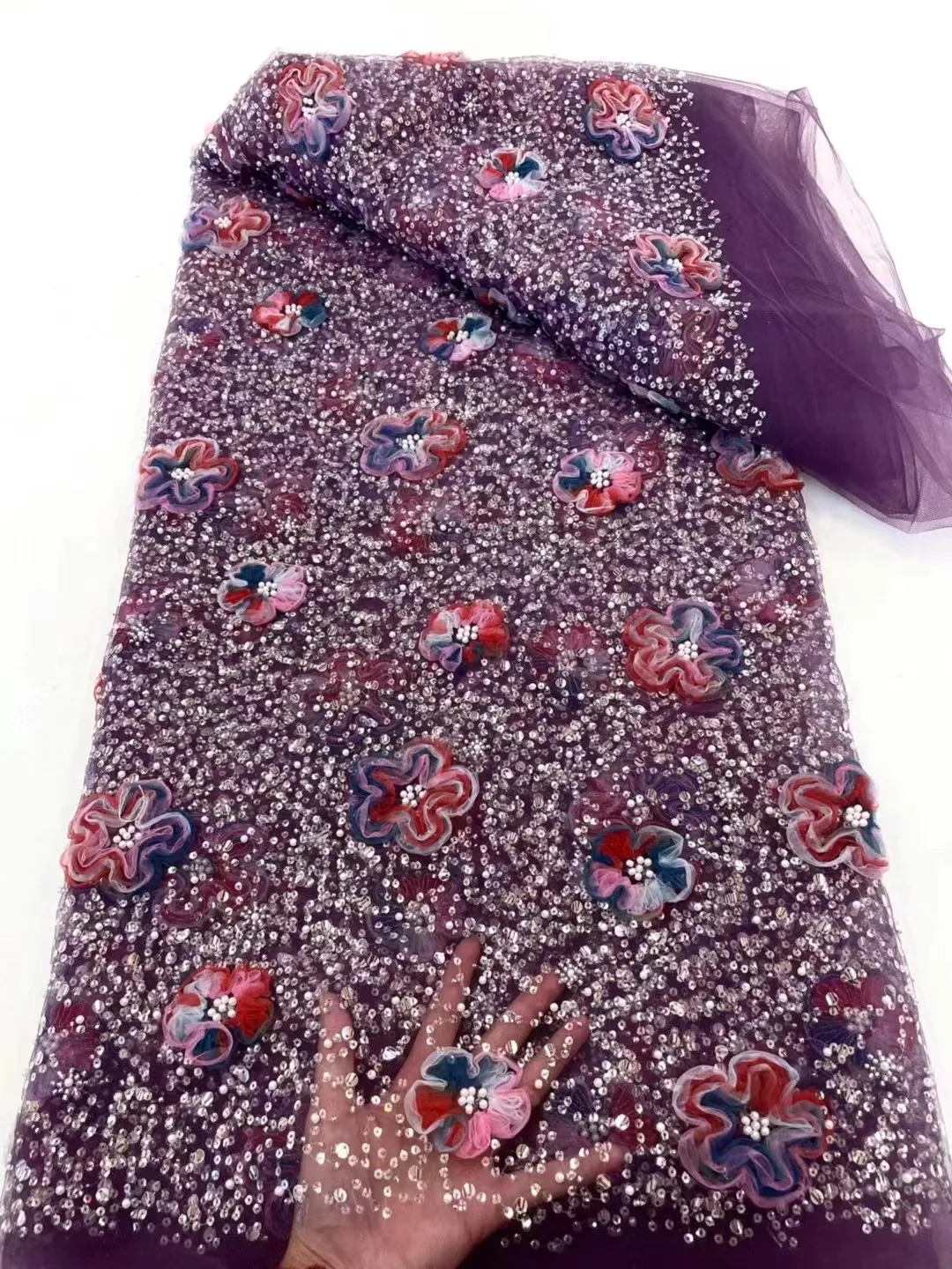 Fashion French Mesh 3D Flowers Embroidery Beadeds Lace Fabric With Sequins African Nigerian Fabric For Wedding Dress