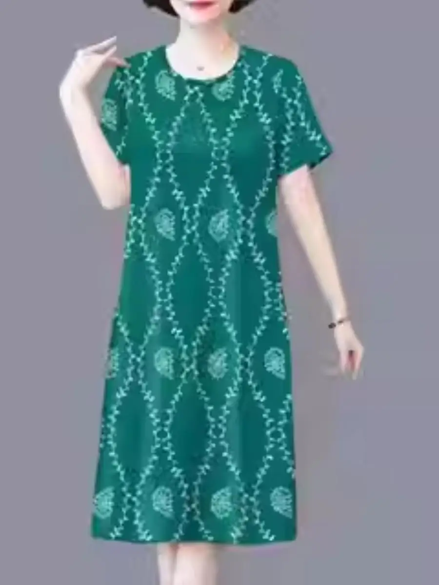 Casual Ice Silk ort Sve Dr for Middle-Aged Mothers Loose Slimming Summer New Faion Print Women's Clothing Accories