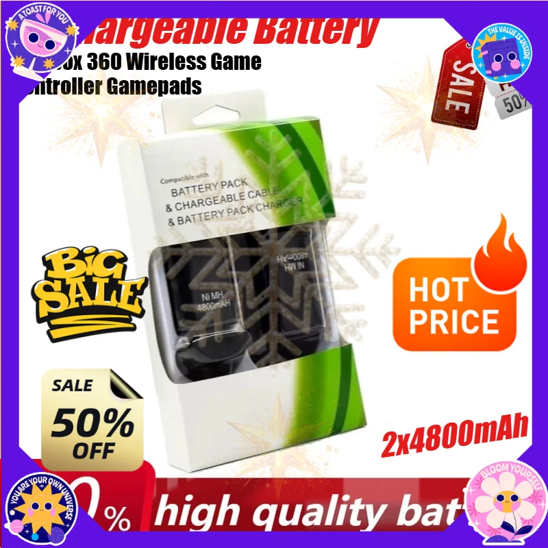 2x4800mAh Rechargeable Battery for Xbox 360 Wireless Game Controller Gamepads+Charging Cable