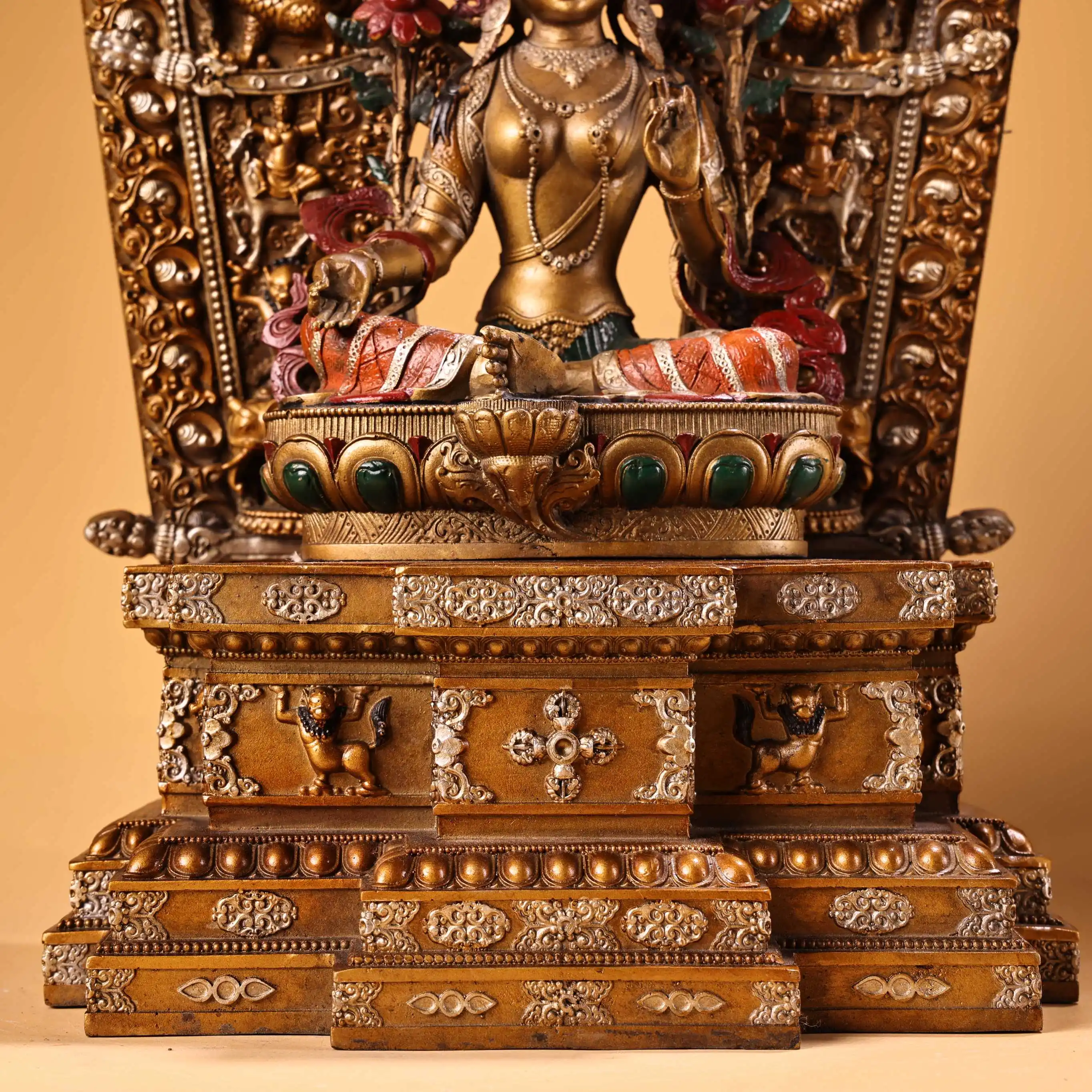 

16"Xizang Folk Collection Old Bronze Painted High Relief Green Tara Buddha Platform Buddhist Niche Worship Hall