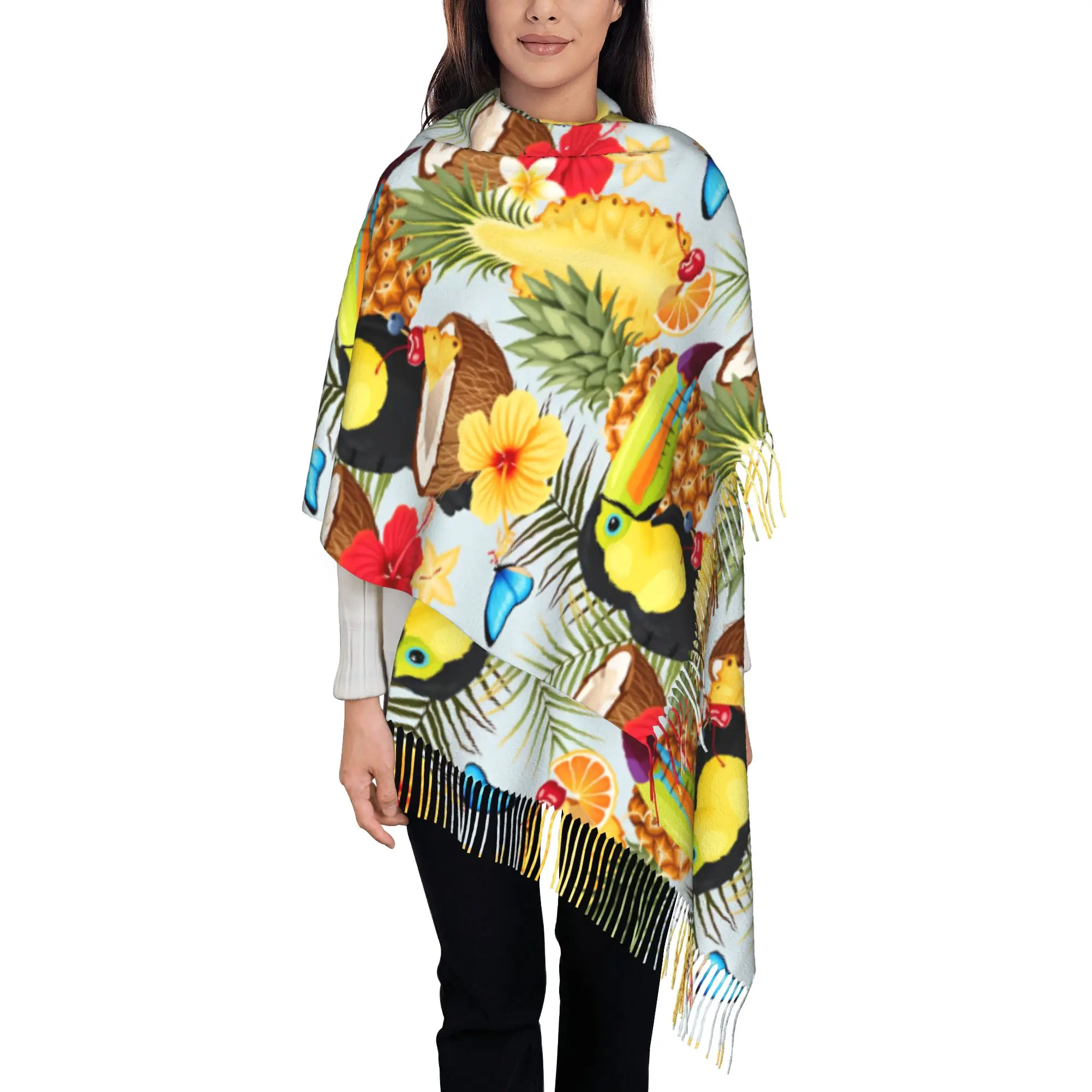 Custom Tropical Toucan Fruit Floral Butterfly Scarf Wrap Women Long Winter Warm Tassel Shawl Unisex Scarves
