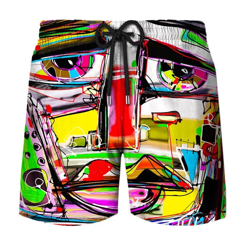 Men Vintage Collage 3D Print Beach Shorts Colorful Art Pattern Quick Dry Drawstring Waist Summer Swim Board Shorts