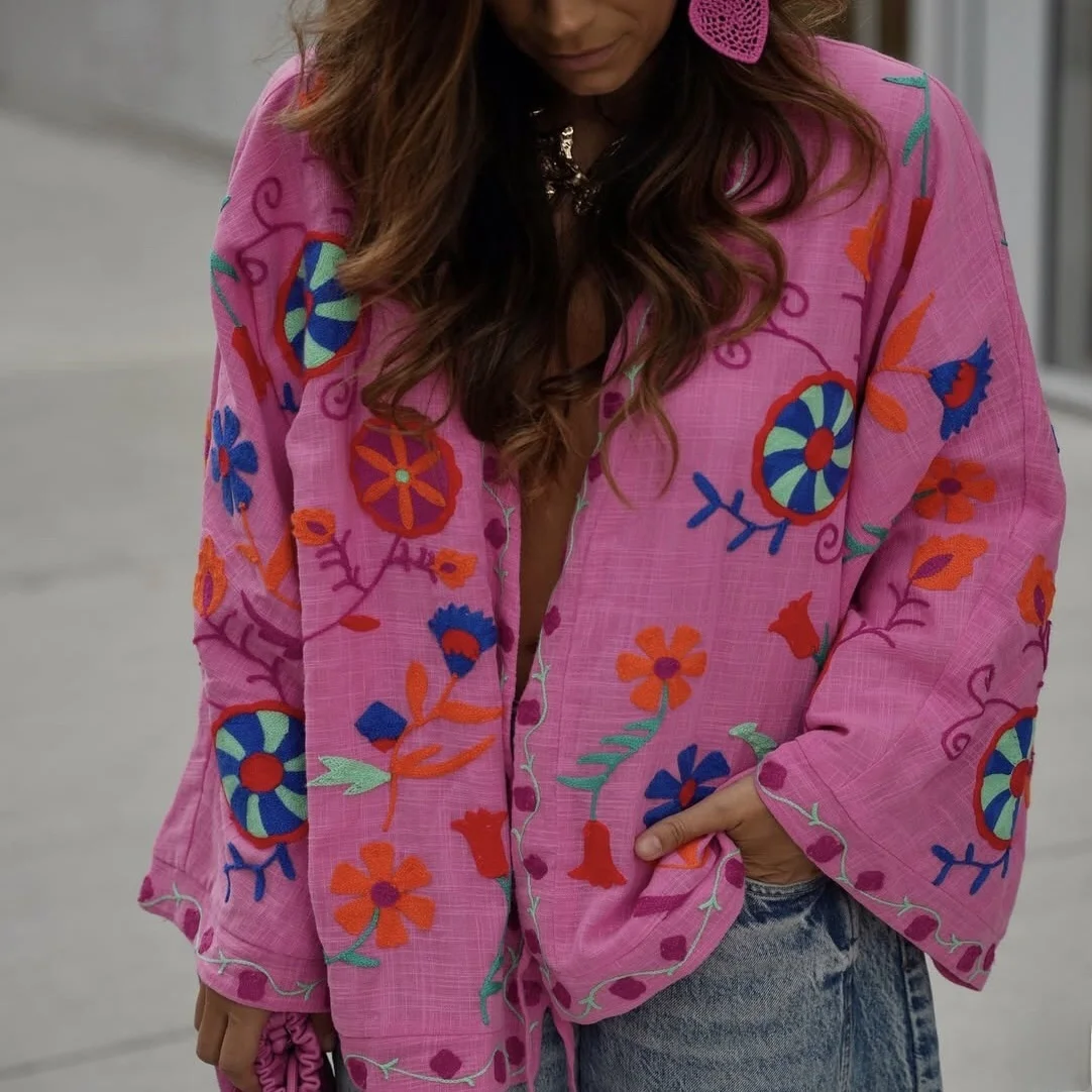 

Faionable Вышитый Ktan Long, универсальный утягивающий слинг, модный женский открытый кардиган из полиэфирного волокна, длинный длинный...