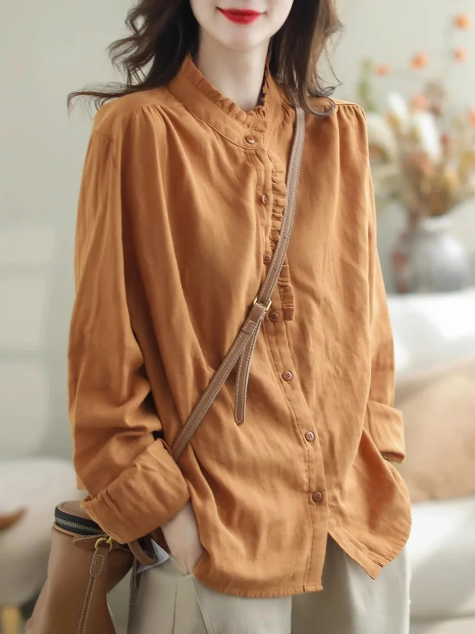 

Ethnic Sle Long Sve Cotton Linen Women's irt Casual Loose Fit Vintage Design Spring Autumn Top with Wood
