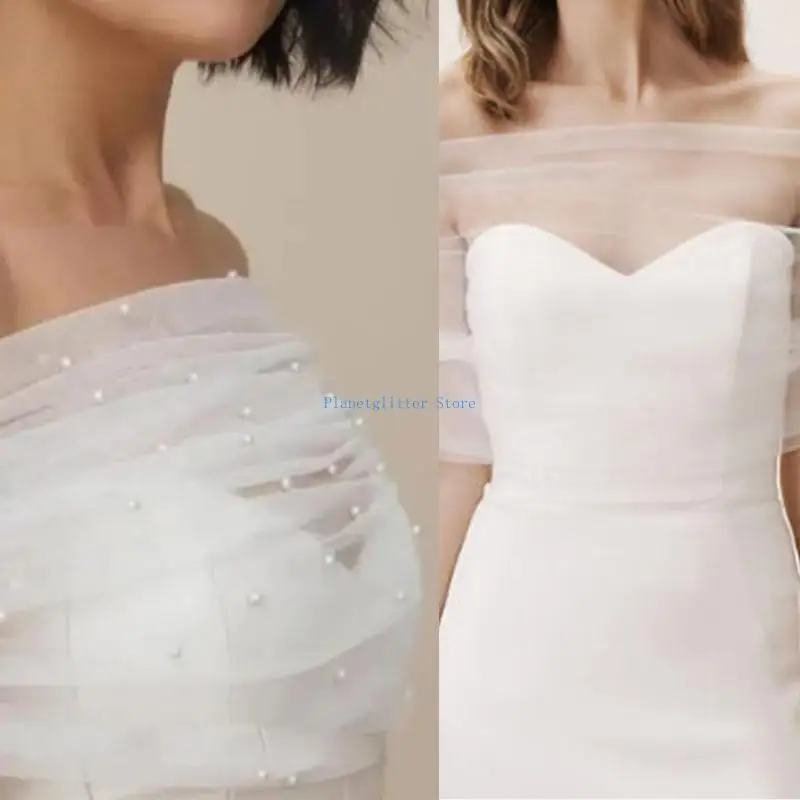 

652B Bridal Stole with/without Pearls Accents for Outdoor Wedding Breathable Arm Cover Up Summer Ceremonies Shoulder Wrap