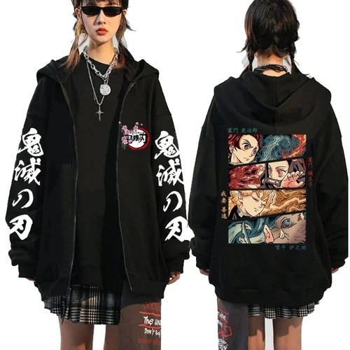 Imagen 2 del producto Anime Demon Slayer Kamado Nezuko Kamado Tanjirou estampado cremallera Sudadera con capucha Otoño Invierno moda Casual chaqueta de lana abrigo