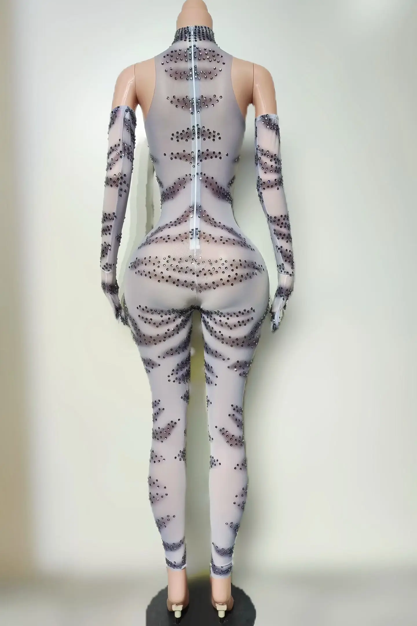 Sexy See Through Mesh Long Sleeve Jumpsuit Pink Lip Sparkly Rhinestone Print Matching Gloves Drag Queen Performer Wear Chunyou