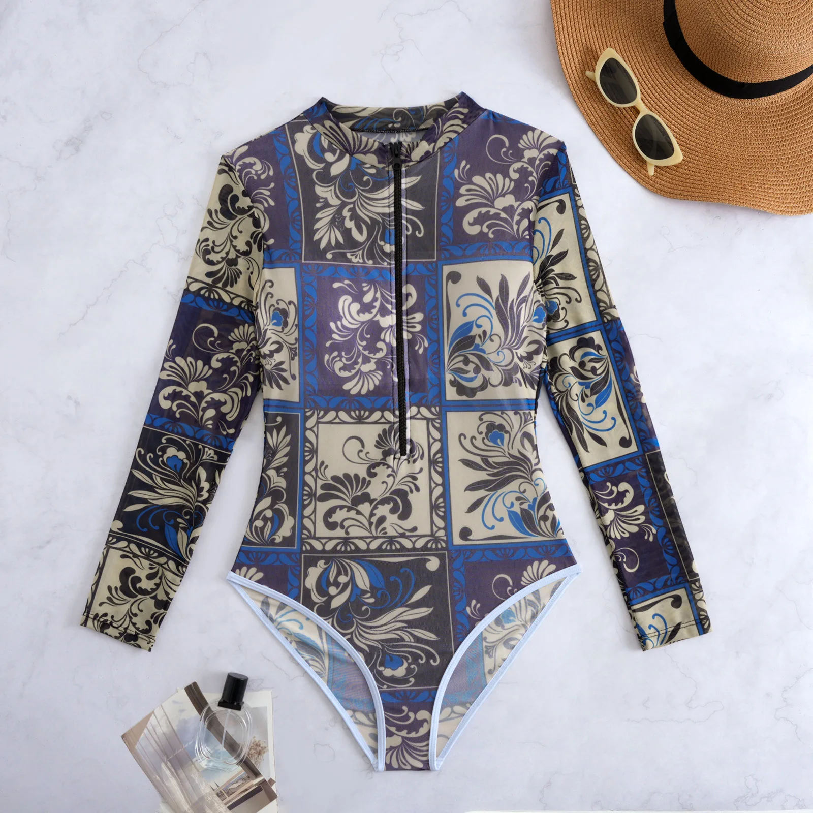 

2025 Surfing Sport Long Sleeves Swimsuit For Women Floral Printed High Quality Swimwear Patchwork Bathing Suit Tropical Summer
