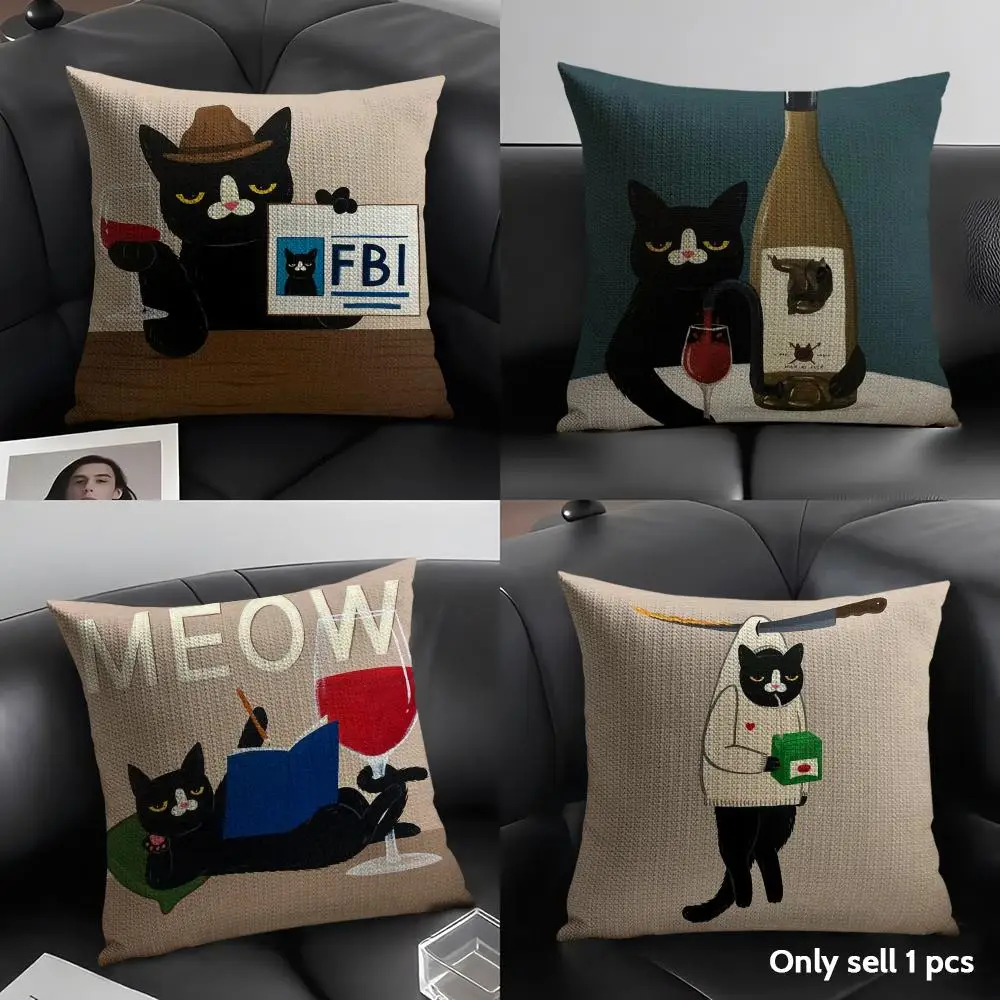 

Чехол для подушки Pow Pow The Cat, летний, дышащий, из органического льна, с двусторонней печатью, наволочка для дивана, декор для дома