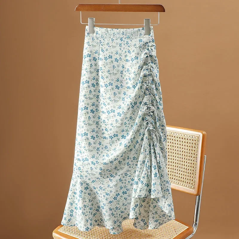 Small Fresh Floral Drawstring Lace Chiffon Skirt Women's New Summer Printed Irregular Mid-length Fishtail Skirt