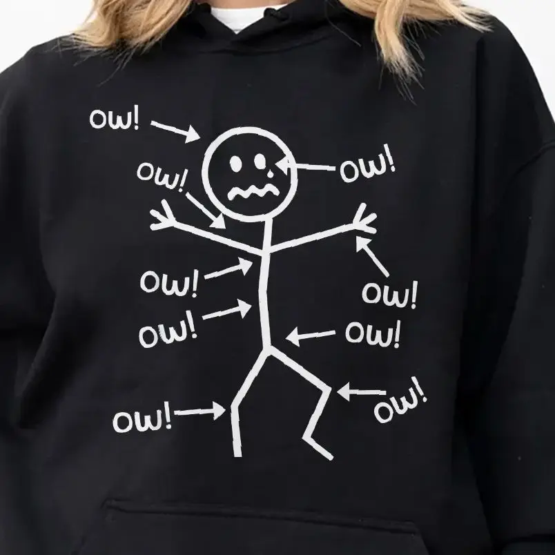 

Ow Ow Ow Sweatshirt Long Sleeves Stylish Pullover Y2K Graphic Hoodies Crew Neck Unisex Casual Daily Wear Funny Pain Awareness