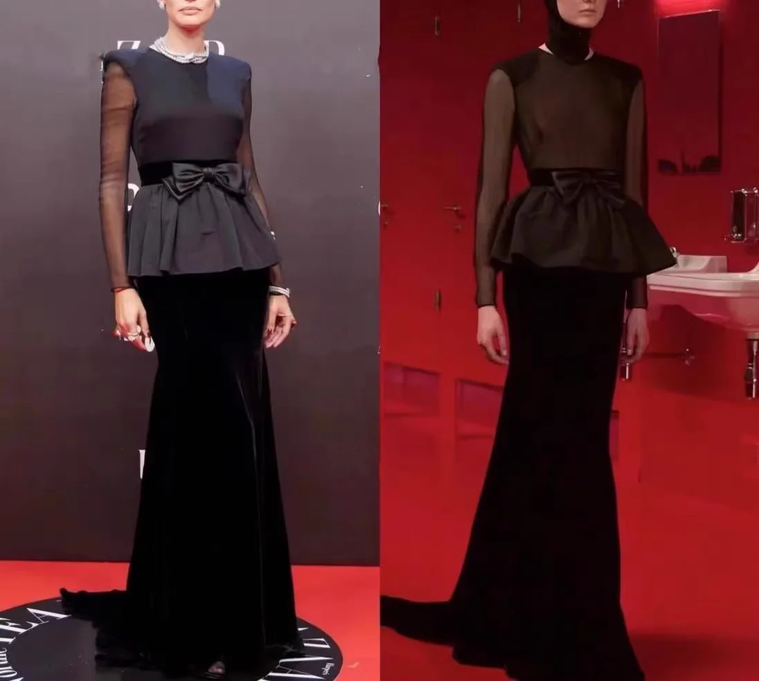 

Luxury Black Mermaid Long Dress Sexy Transparent Mesh Patchwork Velvet Women Dress Elegant Bow Backless Evening Dresses