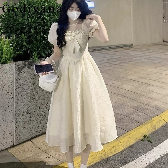 

Летние милые девушки, милые длинные платья принцессы с бантом и пышными рукавами, универсальное модное платье трапециевидной формы с высокой талией и квадратным вырезом