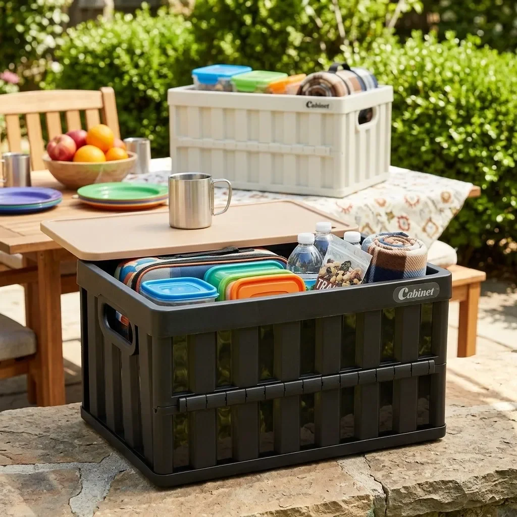 Foldable Plastic Storage Box Stackable Collapsible Storage Bins with Lids Outdoor Camping Car Trunk Organizer Container