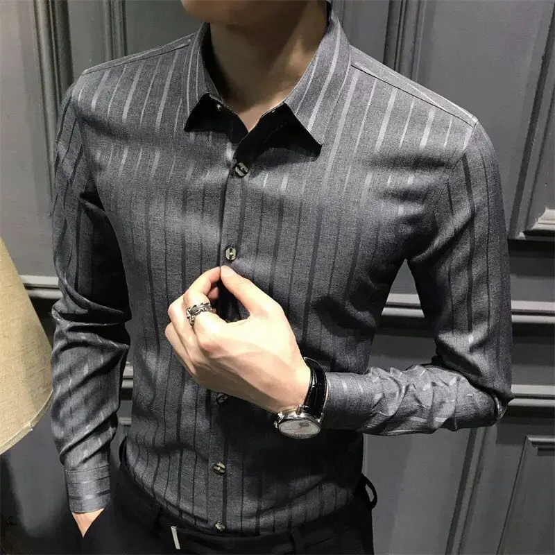 Korean Slim Youth Striped Shirt Tops Men\'s Spring Autumn New Long Sleeve Polo Neck Casual Blouse Vintage Trend Men Clothing