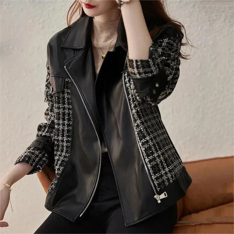 

Streetwear Women Leather Jacket Korean Fashion Patchwork Zipper Loose Coats Casual Female Warm Thick Knitted Outerwear New