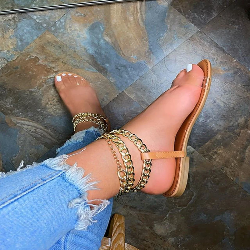 Comemore 2023 Summer New Flat Sandals Fashion Solid Color Chain Open Toe Outdoor Women\'s Shoes Plus Size 43 Metal Chain Sandal