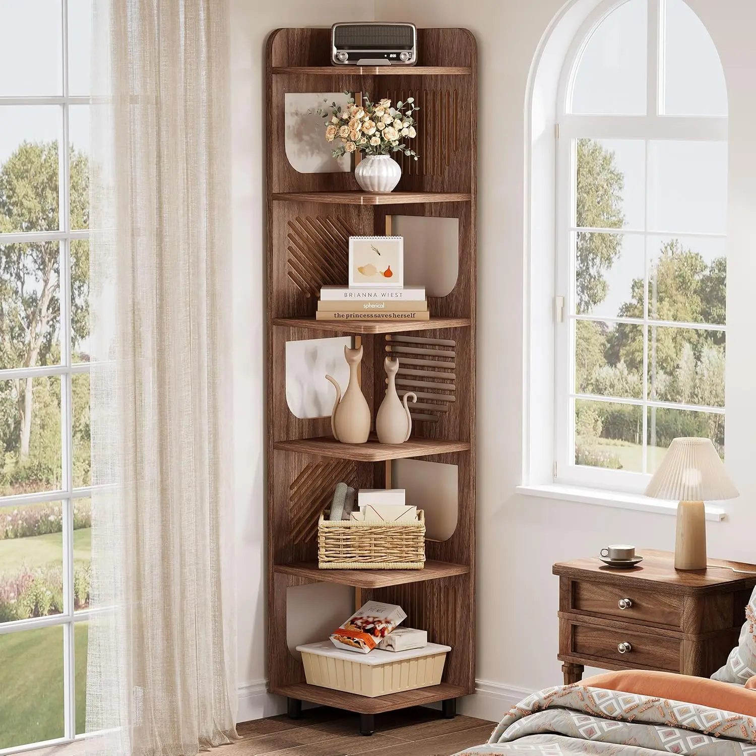 6-tier Corner Bookshelf, 71-inch Country-style Narrow Corner Bookshelf with Square Shelves,Corner Bookshelf, Customizable.