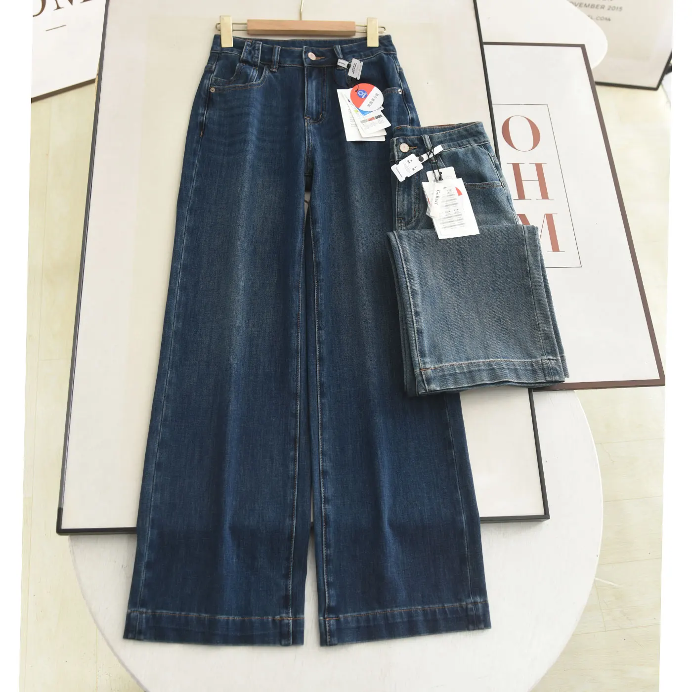 

Джинсы с высокой талией и широкими штанинами, женские, прямого кроя, в стиле ретро, универсальные, весенние, модные, больших размеров, эластичные в четырех направлениях