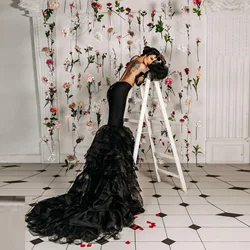 Gorgeous Women Formal Party Dress Organza Layered Sexy Ruffle Dresses Backless Fluffy Sleeve Black Evening Gowns