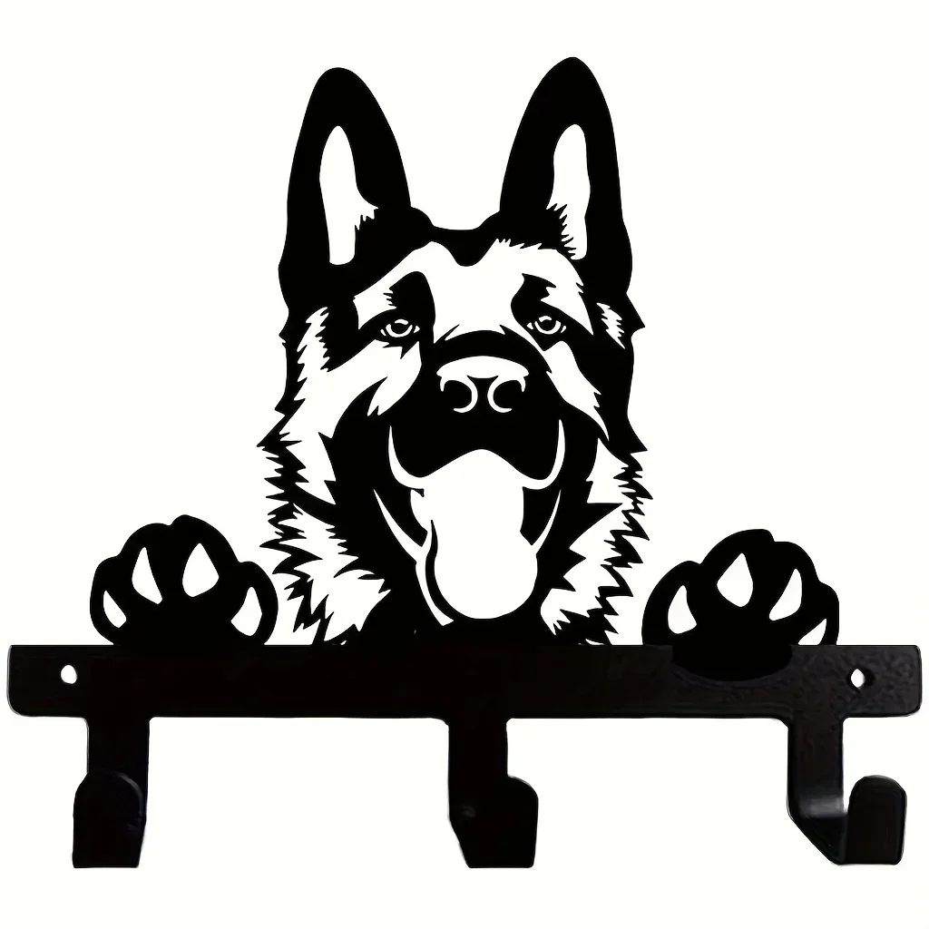 【2D Flat】German Shepherd Wall Key Hook Rack - Black Coated 3-Hook Organizer for Leash & Keys - Rustproof Entryway Gift