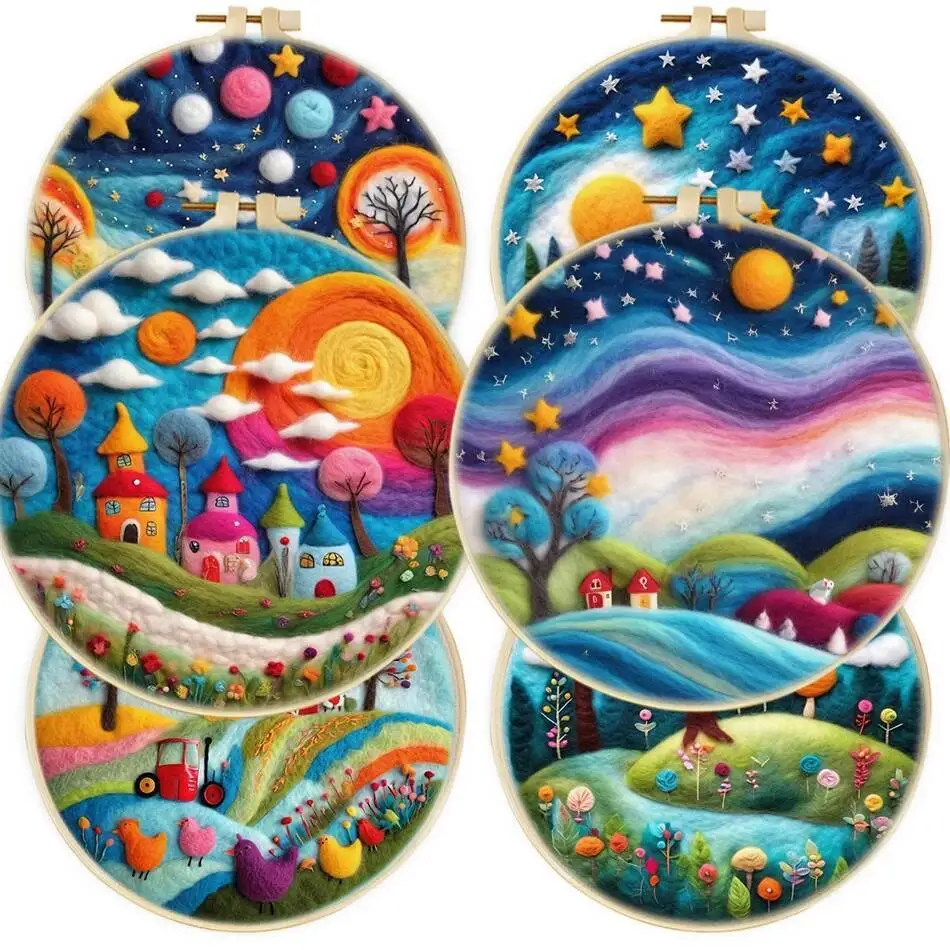 

Felting Package Starry Sky Landscape Picture 20X20cm Frame Needle Wool Felt Painting Kit For Home Decors Diy Gift