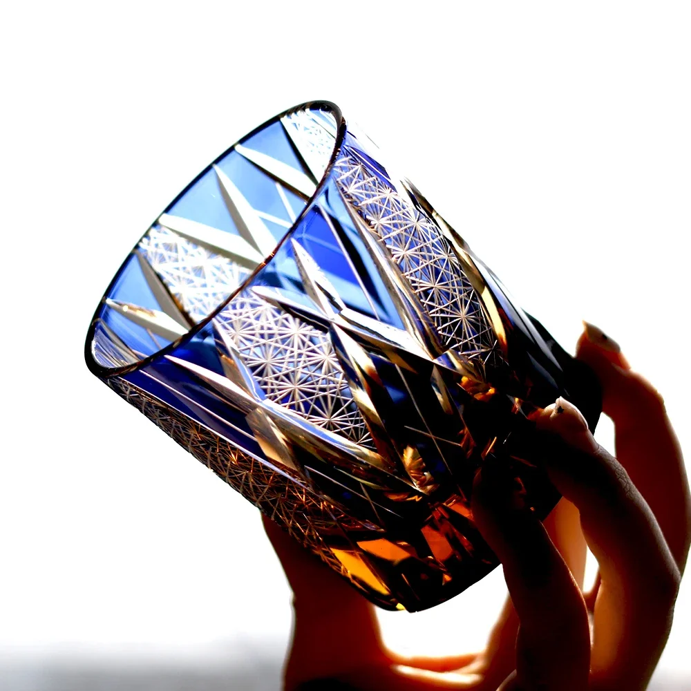 Luxury Hand Cut Whiskey Glass Edo Kiriko Style 8.5 Oz Black Layered Amber Blue for Old Fashioned Bourbon Scotch Home Bar