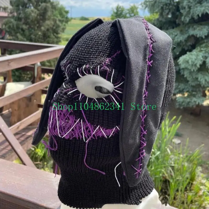 

5asd Halloween Funny Knit Hat Warm Full Face Cover Devil Horn Balaclava Hat