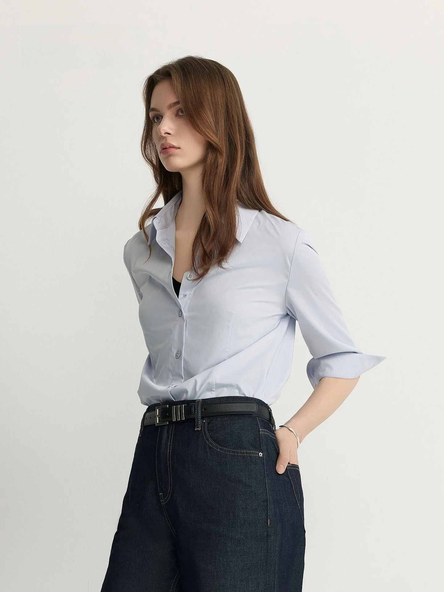 PRICH Business Commute Style Shirt Women's Pure Color Slim Fit Seven Sleeve Tops Gather Waist Office Workwear Summer New