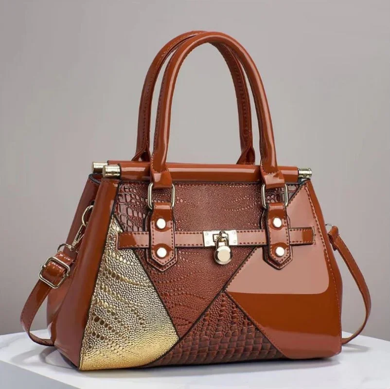 Spliced Bright Leather Large Capacity Single Shoulder Diagonal Straddle Women's Bag Crocodile Patterned Handbag PU Crossbody Bag