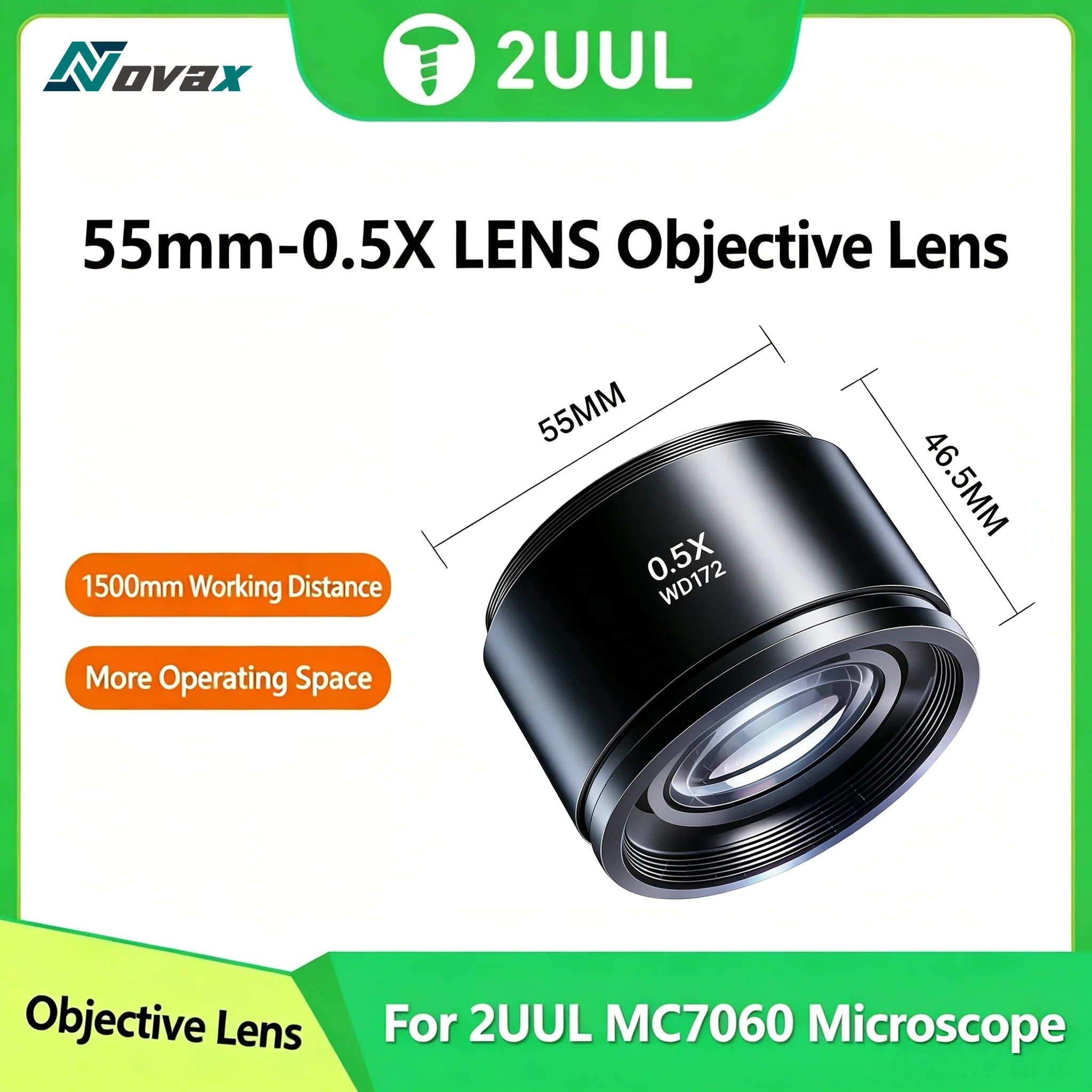 Objectif zoom pour microscope 2UUL MS05 55MM-0.5X, adapté au microscope 2UUL MC7060, fonctionnement de l'objectif de caméra stéréo zoom.