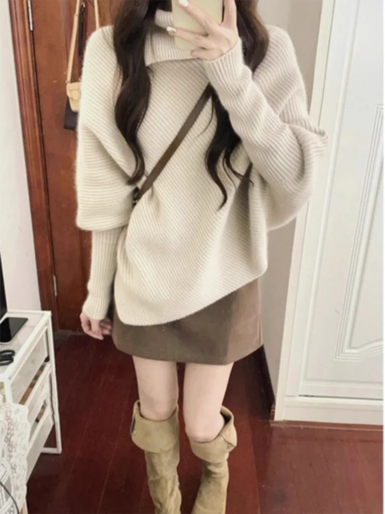 

Women's Clothing Lazy Style Irregular High Neck Hood Sweater Autumn and Winter Loose Knitwear Tops Long Sleeves