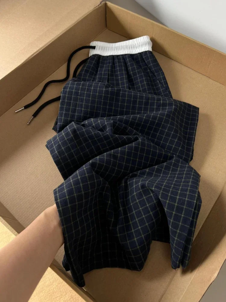 เครื่องแต่งกายแนวสตรีทกางเกงขาทรงกระบอกลายสก็อตใส่ได้ทุกวันใส่สบายเย็บปะติดแบบอเมริกันฤดูร้อน