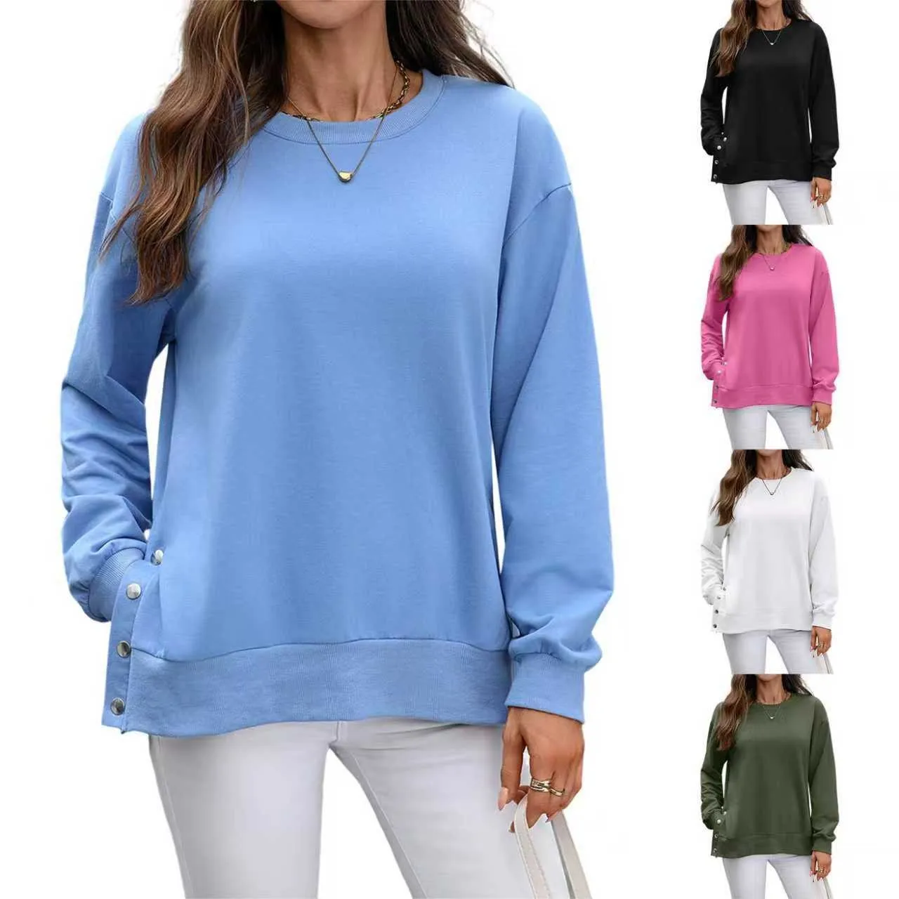 Round Neck Long Sleeve Top Loose Fit Streetwear Pullover Casual American and European Style Mid Length Ruched Women Hoodie
