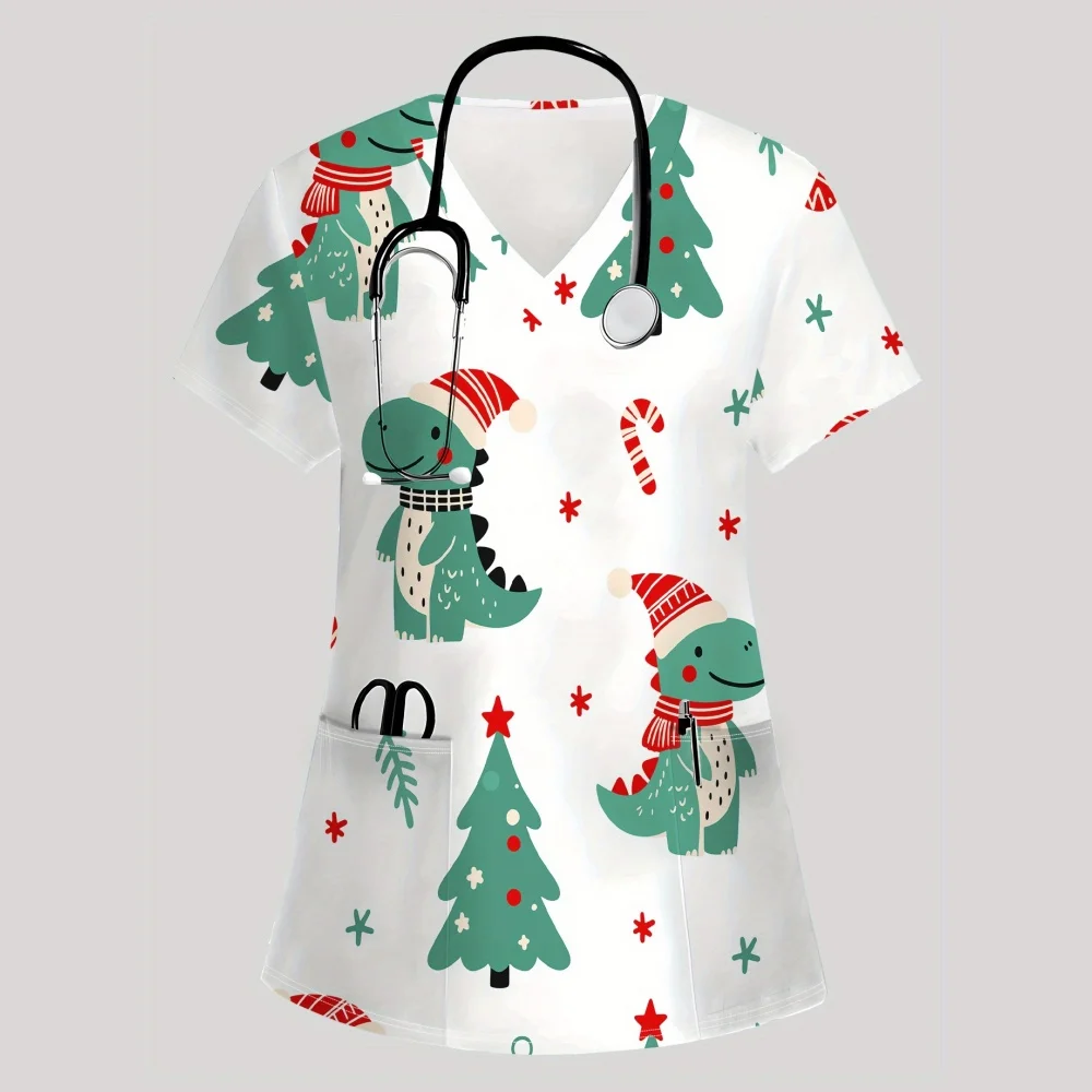 عيد الميلاد الزي الجراحي امرأة عيد الميلاد موضوع نمط موضة الخامس الرقبة جيب قصيرة الأكمام بلايز التنقل الدعك موحدة امرأة