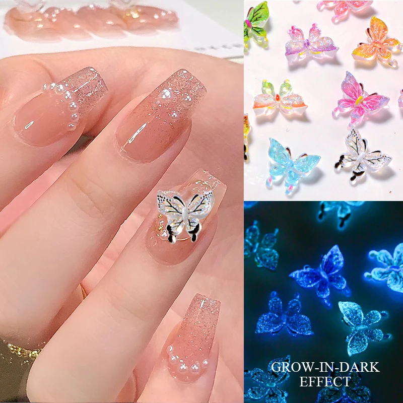 1Bag Glitter Butterfly Nail Charms Aurora Flatback Heart Grow-In-Dark Luminous Bowknot 3D Nail Art Jewelry Manicure Accessories