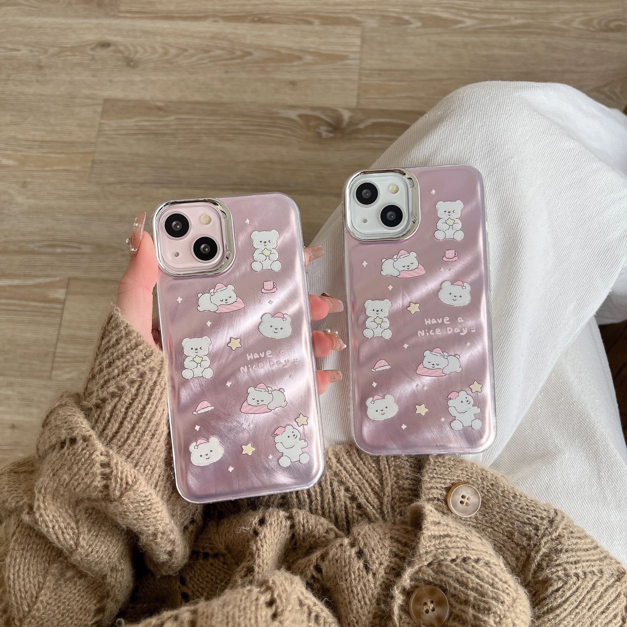 Electroplated down yarn Foundation make-up bear pattern for iPhone 14 14Promax 13  13Promax 11 15 15Pro 15Promax 12 soft shell