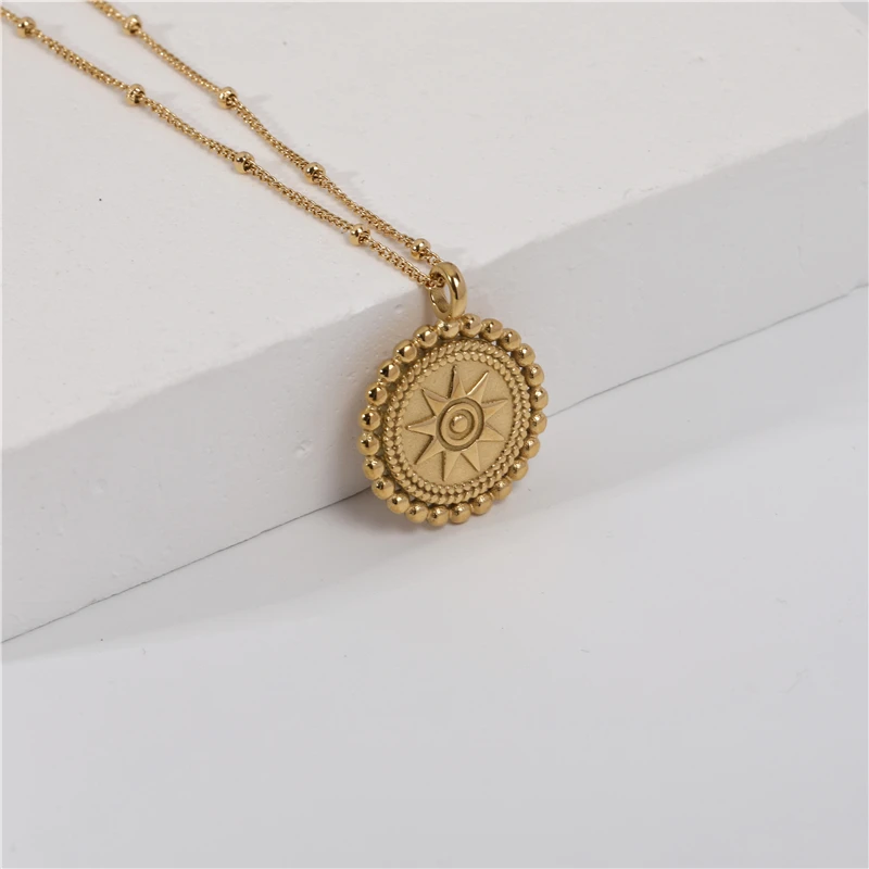 Joolim Jewelry High Quality Wholesale No Fade Retro Round Sun Burst Pendant Stainless Steel Necklace for Women