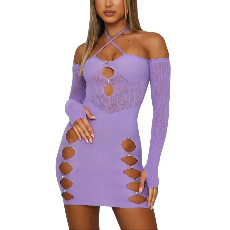 Women's Sexy Mesh Dress Cover Up Midi Long Sleeved Hanging Collar Street Party Spring and Autumn New Casual Wrap Cut Dress YDL48