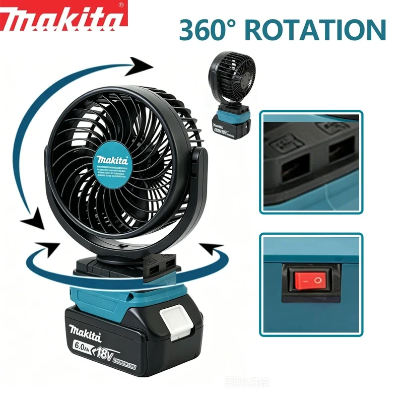 Makita 18V Kabelloser Grüner Tragbarer Ventilator für Outdoor-Camping mit Einstellbarer Windgeschwindigkeit, 5-Zoll-Tischventilator mit USB-C-Anschluss