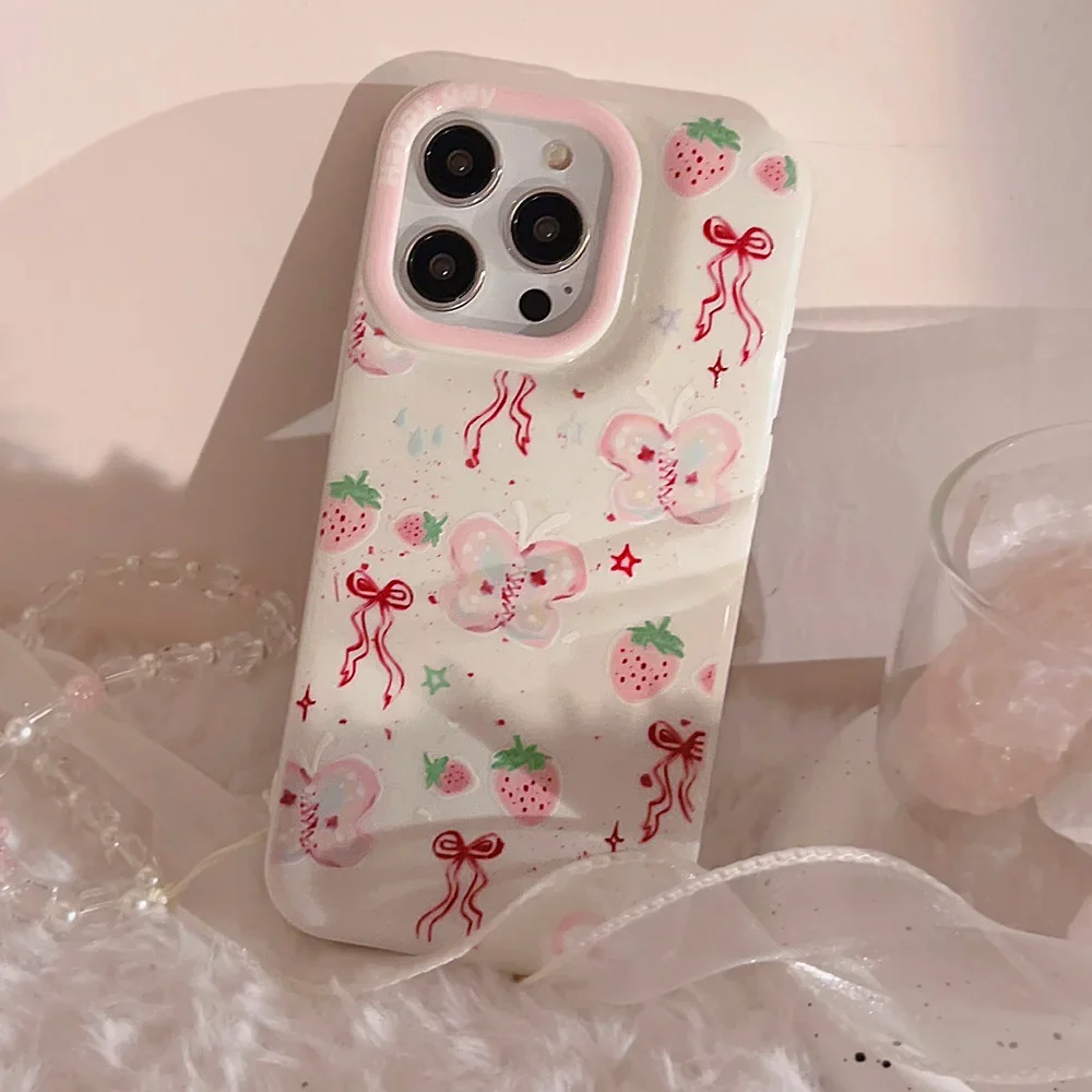 Fairy Pink strawberry butterfly bow sofa art Etui na telefon do iPhone 16 15 14 13 12 11 Pro Max Xr 14 16 Plus Etui Cute Soft Cover