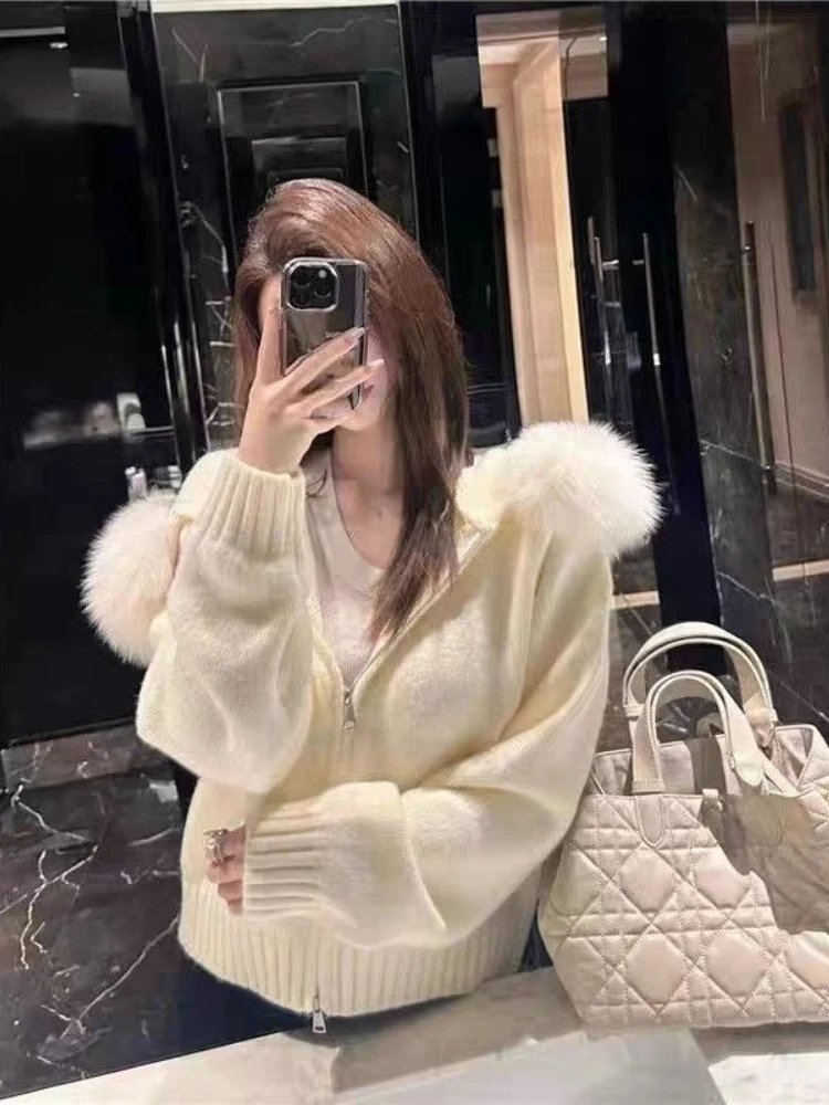 

Милый зимний вязаный кардиган принцессы, женский корейский модный свитера с меховым воротником на молнии, новое теплое пальто с капюшоном и длинными рукавами