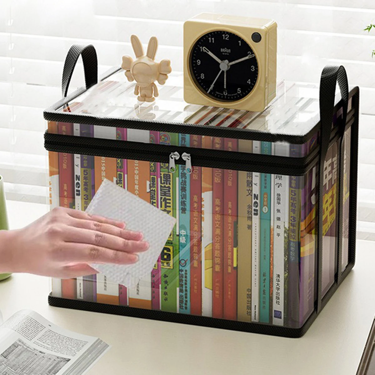 Foldable PVC Book Storage Box,Waterproof Large Capacity Book Organizer for Textbook&Documents, Portable Home School Storage Bag
